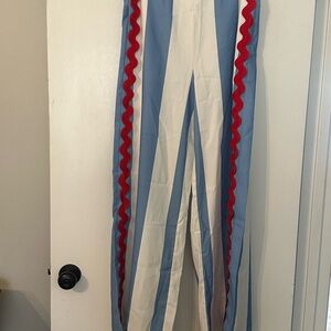Women”s Blue and White Striped Pants with Red Accents